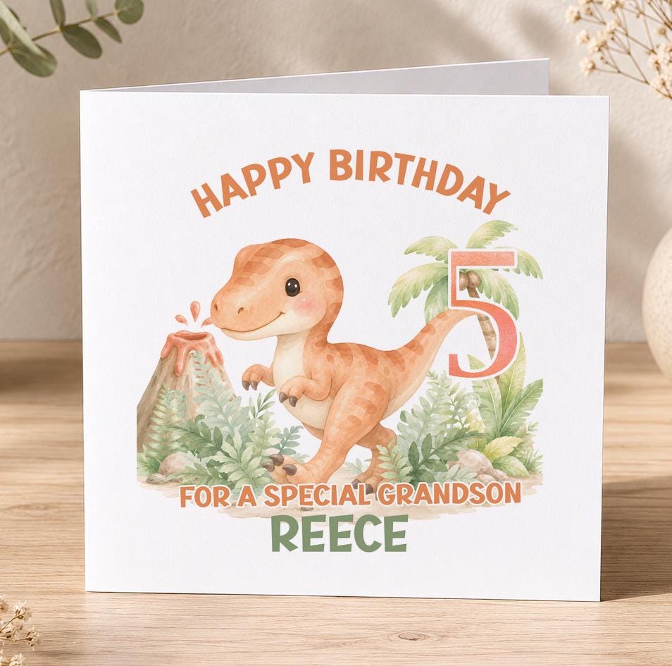 Personalised dinosaur birthday card, white 6x6 inch square card printed with an orange T-Rex, a volcano, a large age number and a name