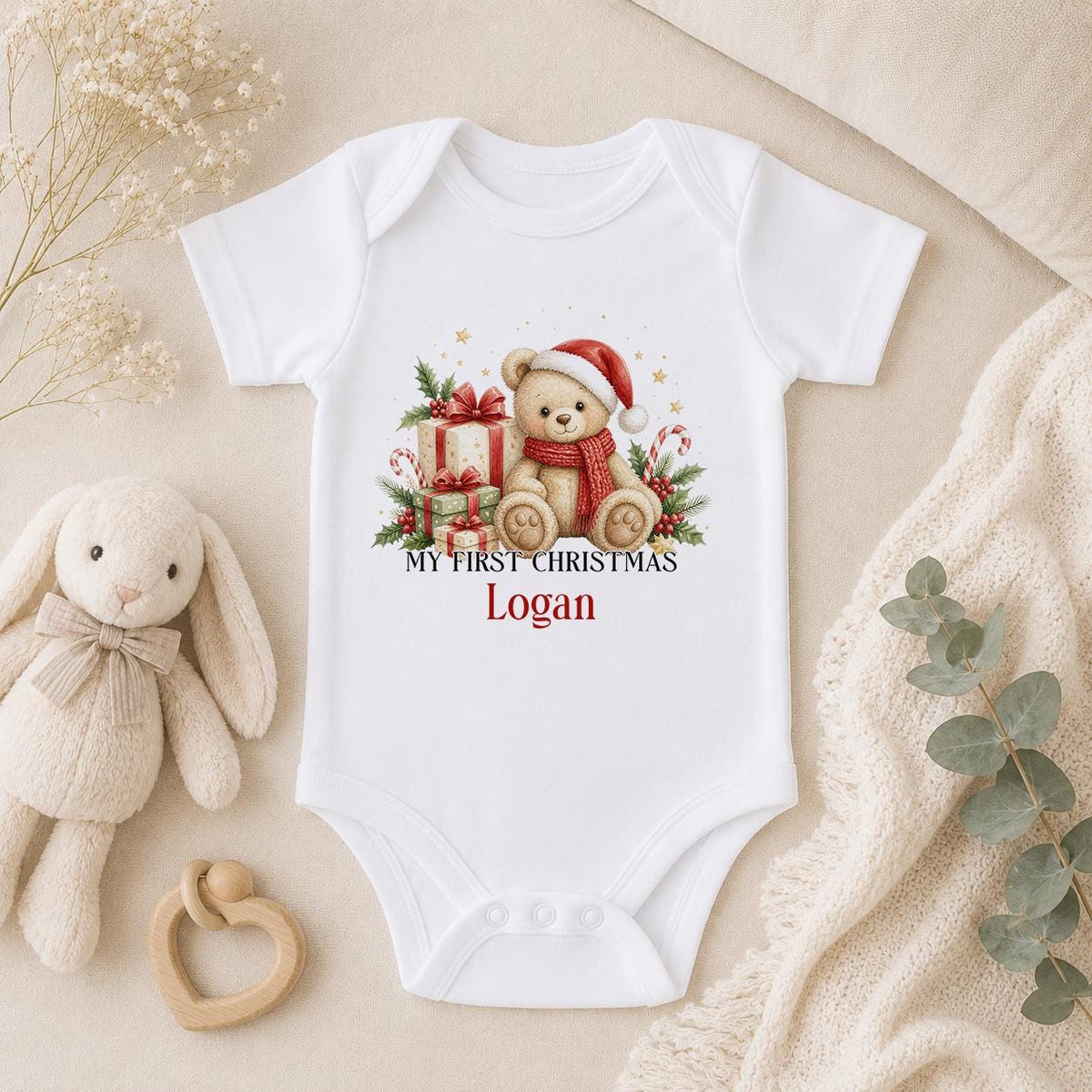 Personalised Baby Christmas Outfit 2026 Teddy Sleepsuit, Bib Gift