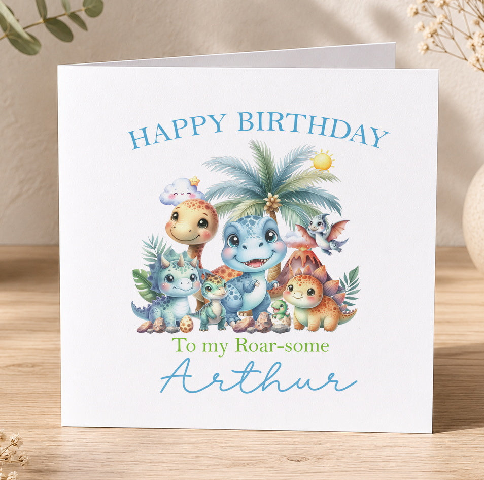 Personalised dinosaur birthday card featuring a roarsome dino, bird and turtle design with a custom name and age printed on the front.