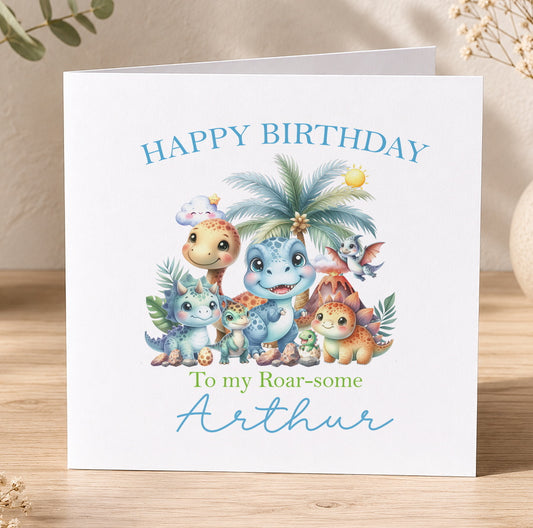 Personalised dinosaur birthday card featuring a roarsome dino, bird and turtle design with a custom name and age printed on the front.