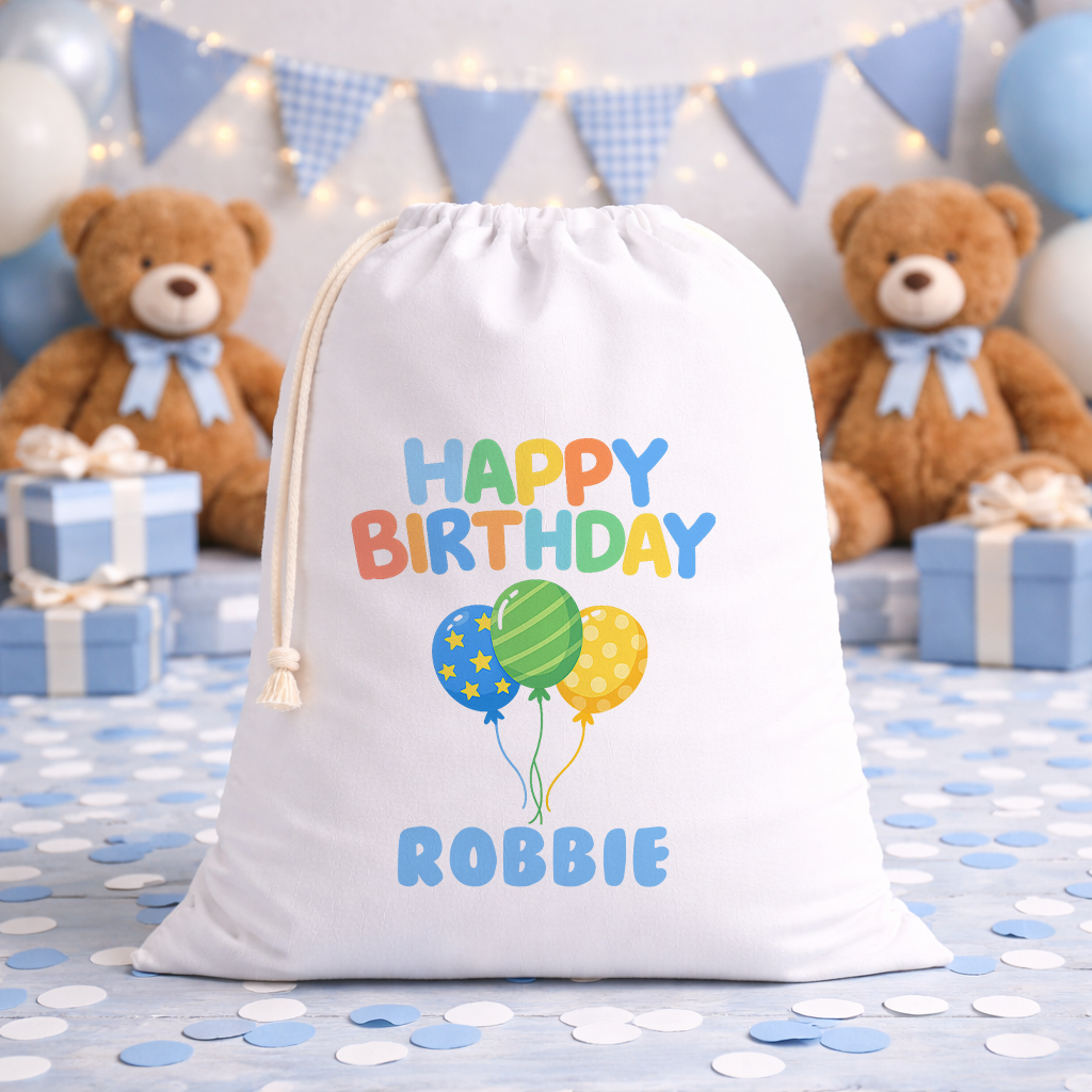 Printed happy birthday sack with name shown as wrapping paper