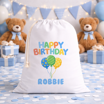 Printed happy birthday sack with name shown as wrapping paper