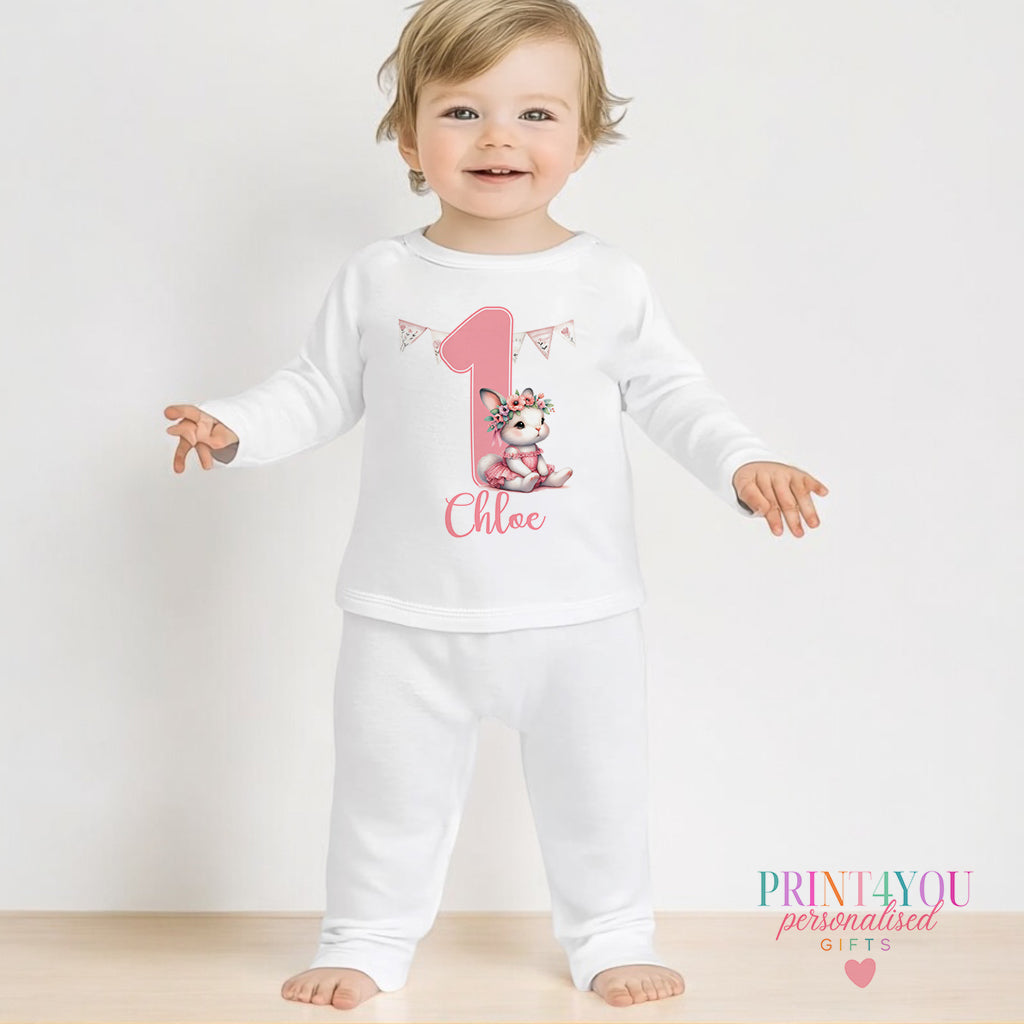 Ballerina bunny personalised first birthday pyjamas for 1-2 years, printed with baby's name on soft white cotton.