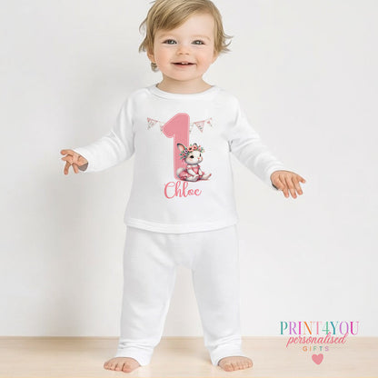 Ballerina bunny personalised first birthday pyjamas for 1-2 years, printed with baby's name on soft white cotton.