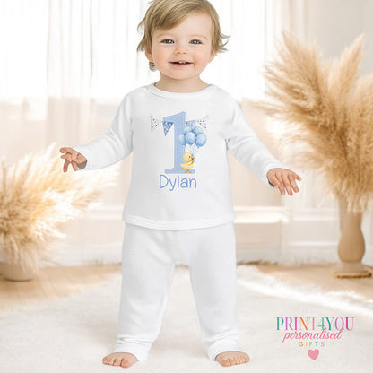 Blue duck personalised first birthday pyjamas for 1-2 years, printed with baby's name on soft white cotton.