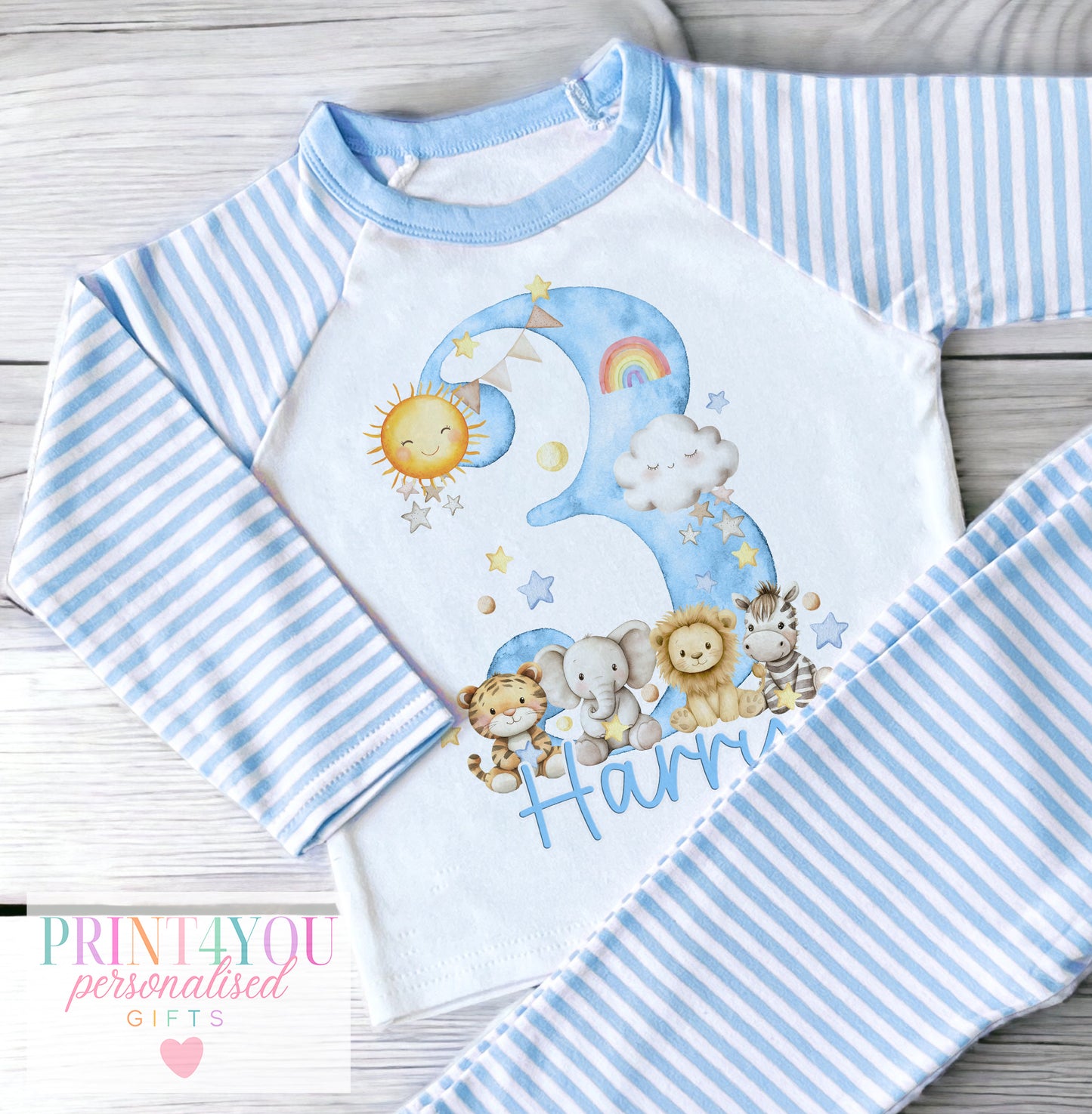 Personalised blue and white striped boys' pyjamas with night-time safari design and numbers 1 to 5, size 6-12 months