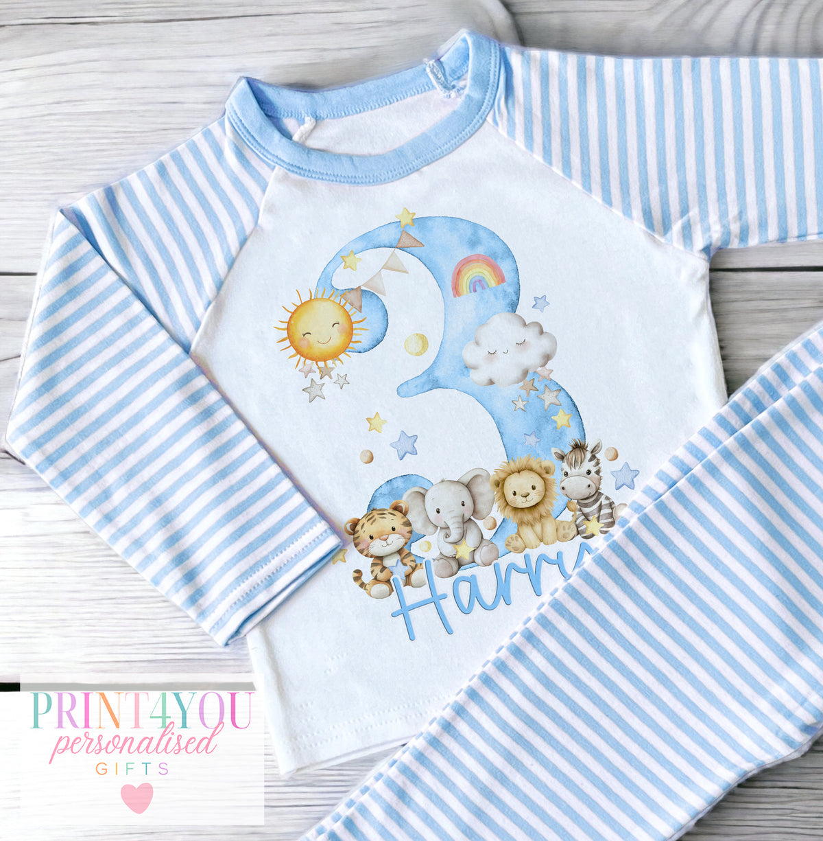 Personalised blue and white striped boys' pyjamas with night-time safari design and numbers 1 to 5, size 6-12 months