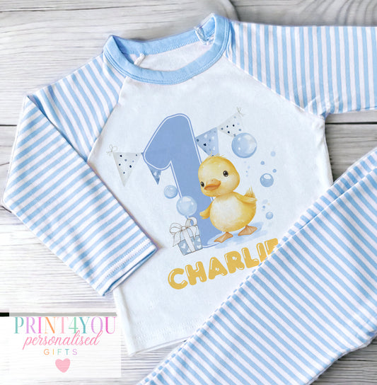 Personalised Blue striped Boys Pyjamas – Playful Rubber Duck - Vest
