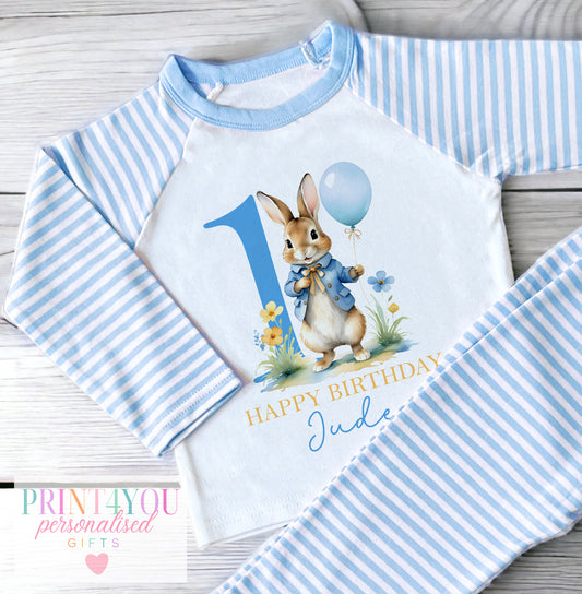 Personalised Blue striped Boys Pyjamas – Blue happy Birthday Rabbit Design - Vest
