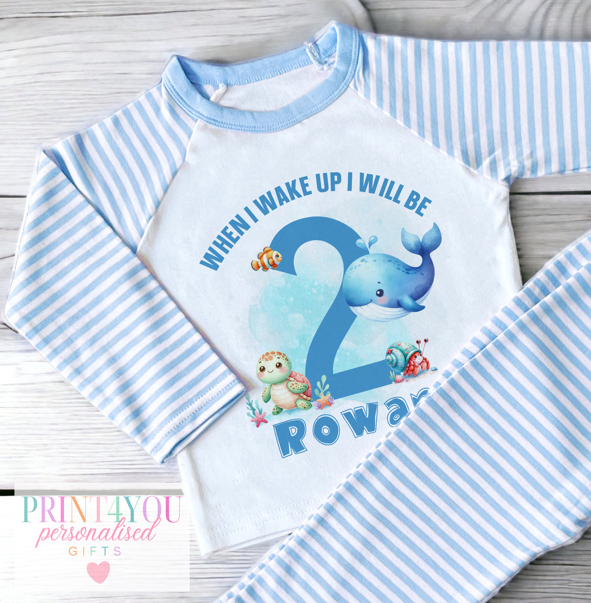 Personalised blue striped boys pyjamas with under the sea when I wake up design, size 6-12 months