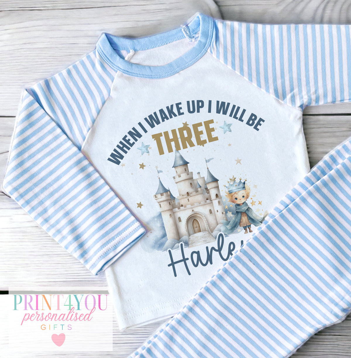 Personalised blue striped boys pyjamas with little prince when I wake up design, size 6-12 months