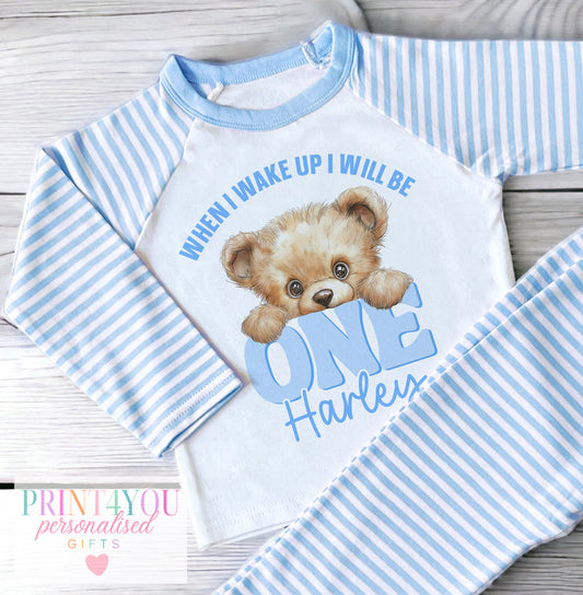 Personalised Blue striped Boys Pyjamas – Peeking Teddy bear When I Wake Up