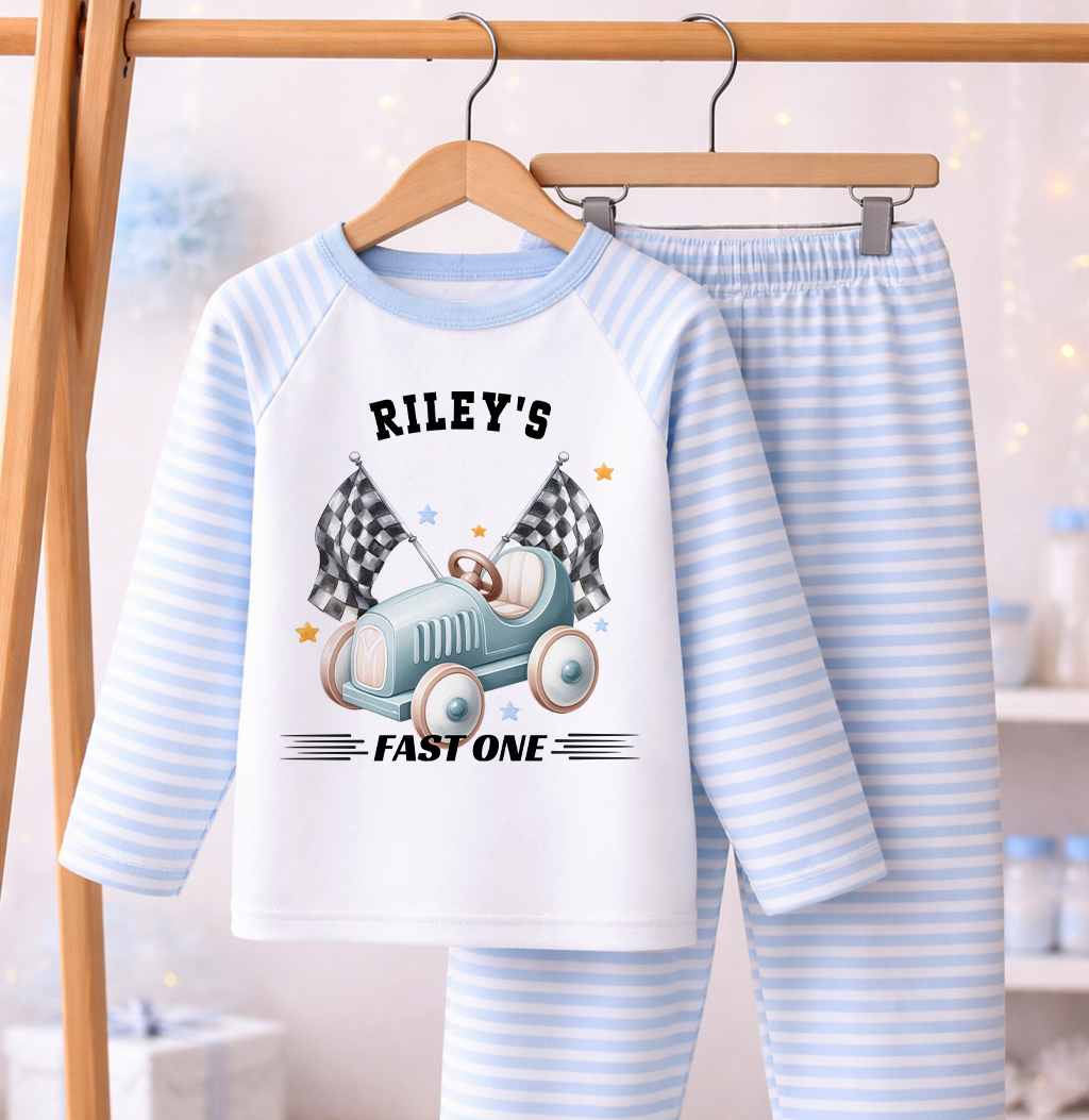 Front view of the blue stripe race car personalised 1st birthday pyjamas for boys