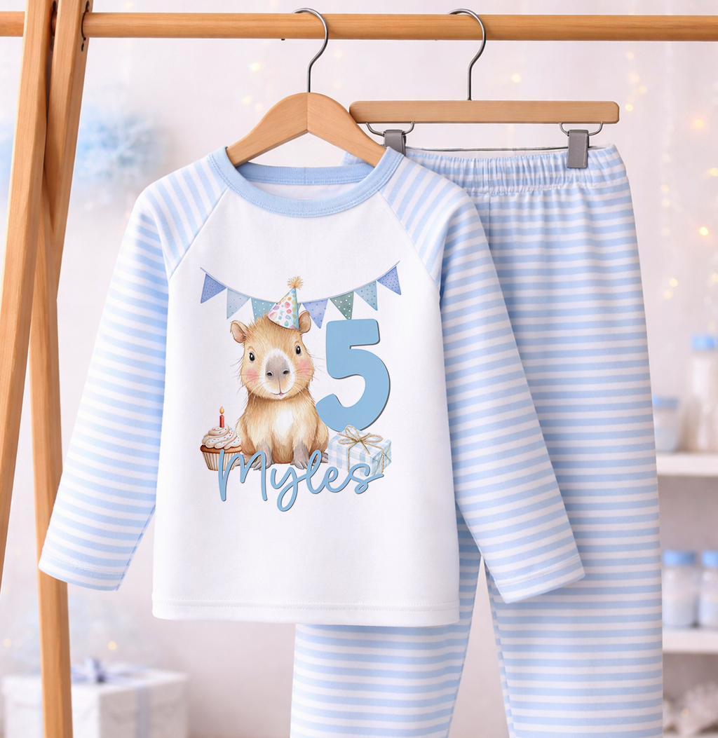 Personalised blue striped boys birthday pyjamas with custom name print