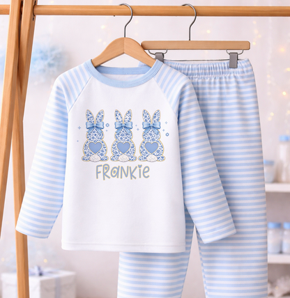 Personalised blue bunny pyjamas with striped rabbit design and custom name print