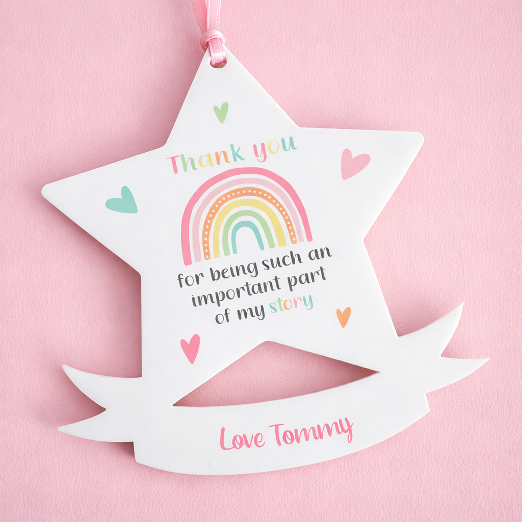 Close-up of the personalised acrylic thank you star showing the printed name and year detail