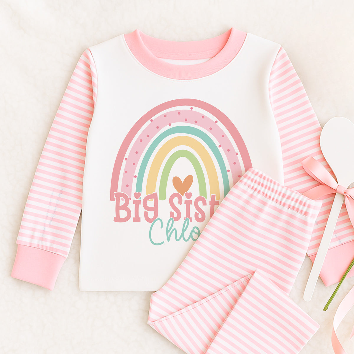 Personalised pink striped girls Pyjamas – Big Sister Rainbow - 6-12 months