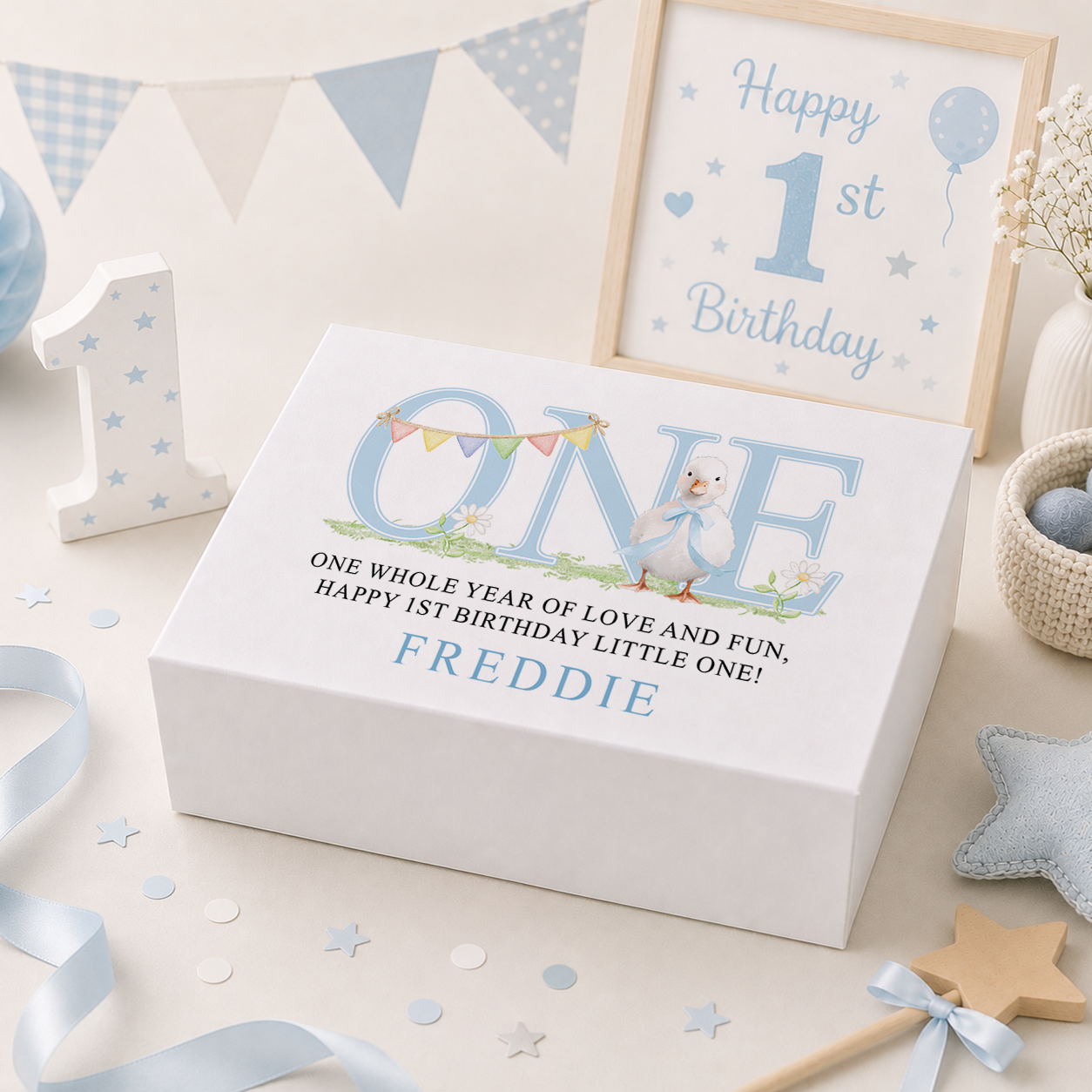 Personalised blue duck 1st birthday keepsake box with magnetic lid, name printed on lid