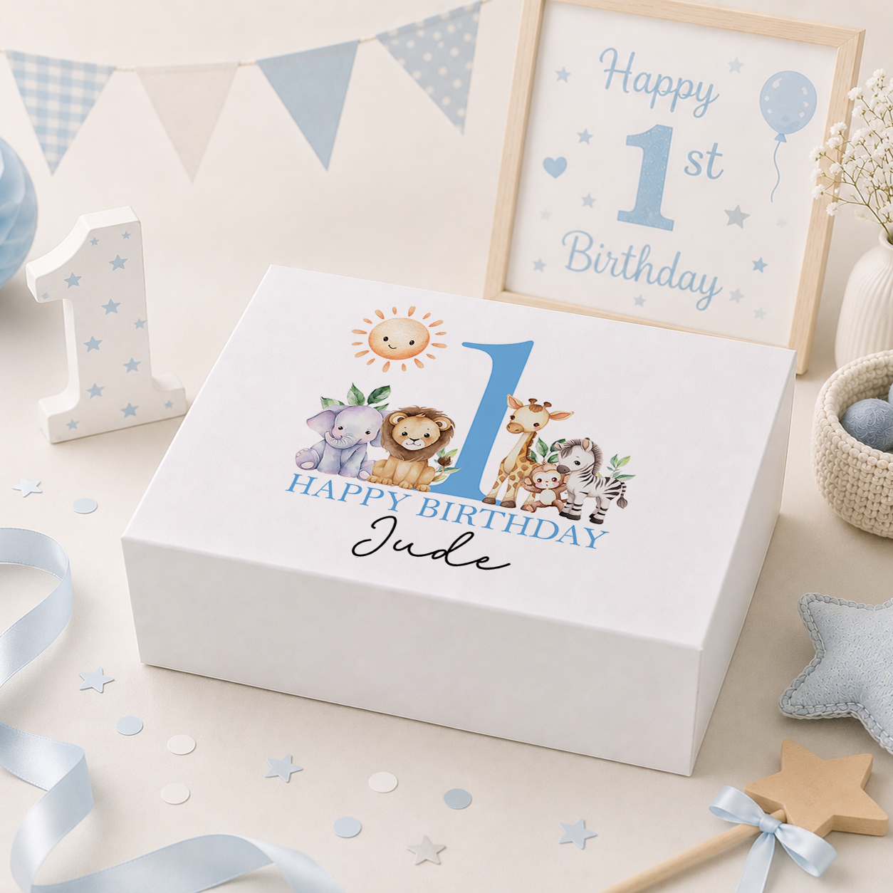 Personalised blue safari animals birthday keepsake box with magnetic lid, name and age printed on lid