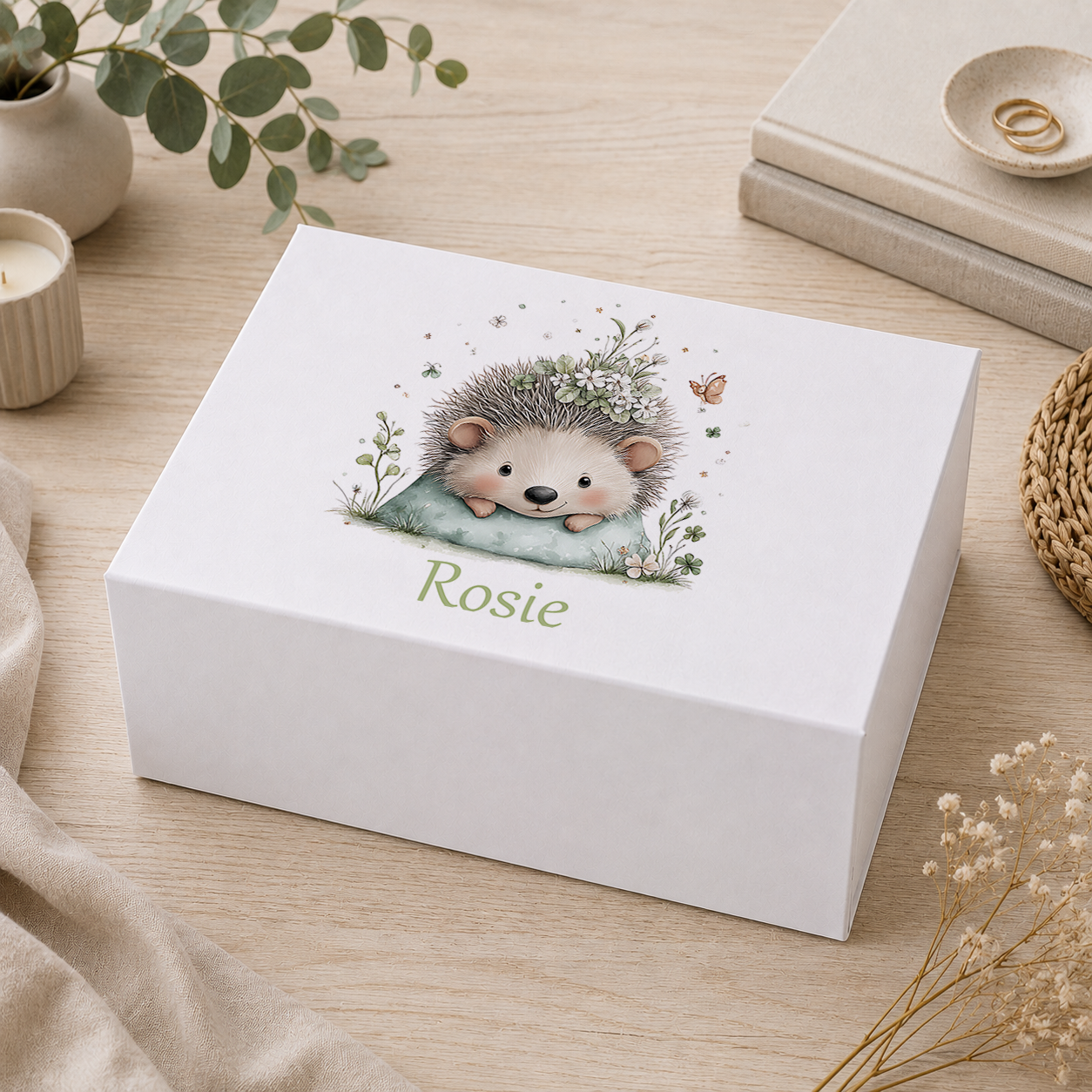 Personalised sage green baby hedgehog keepsake box with magnetic lid, name printed on lid