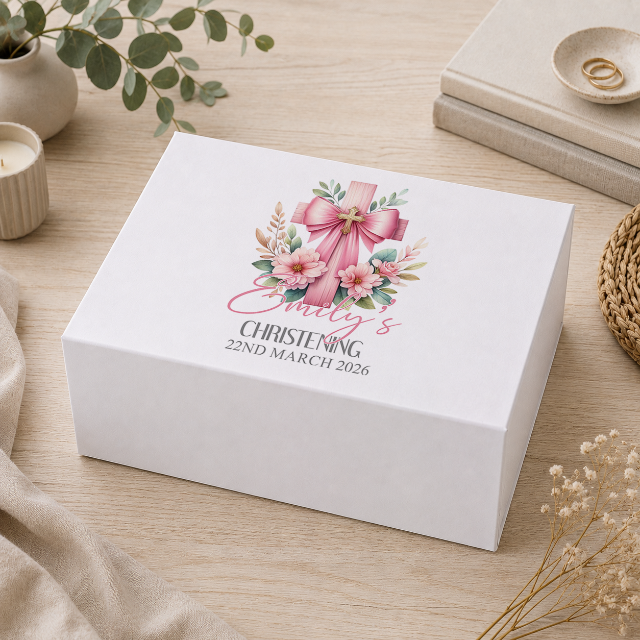 Personalised pink floral cross christening keepsake box with magnetic lid, name and date printed on lid