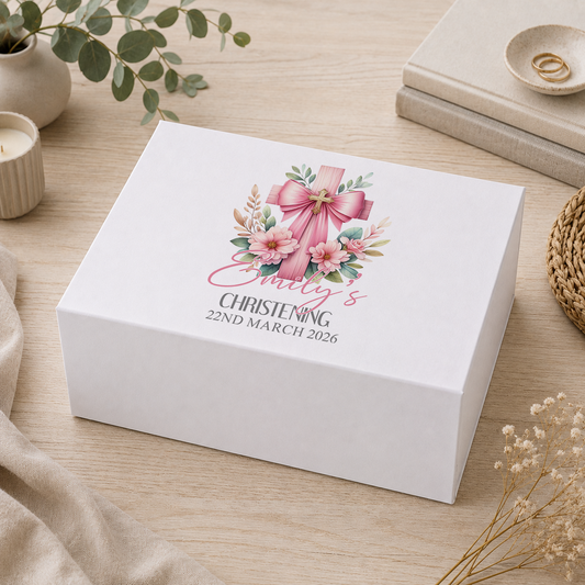 Personalised pink floral cross christening keepsake box with magnetic lid, name and date printed on lid