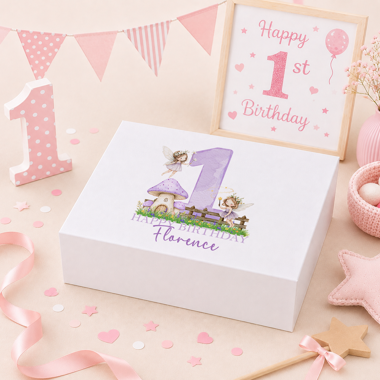 Personalised purple fairy birthday keepsake box with magnetic lid, name and age printed on lid