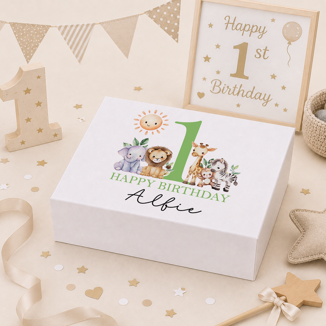 Personalised green safari animals 1st birthday keepsake box with magnetic lid, name printed on lid