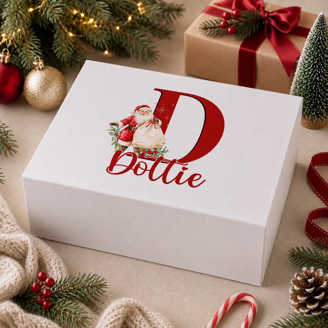 Personalised Santa initial letter Christmas Eve keepsake box with magnetic lid, name and initial printed on lid