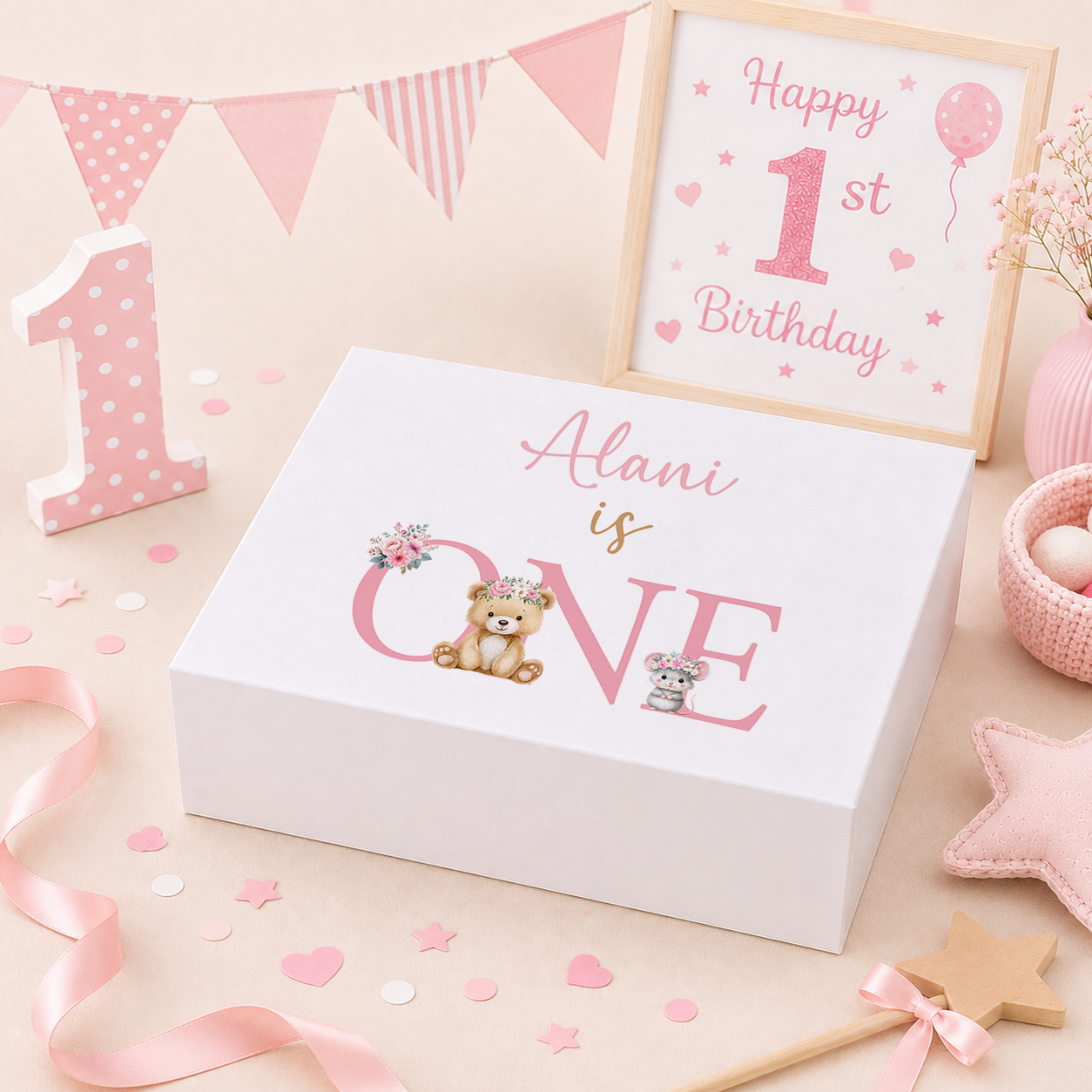 Personalised pink teddy bear 1st birthday keepsake box with magnetic lid, name printed on lid