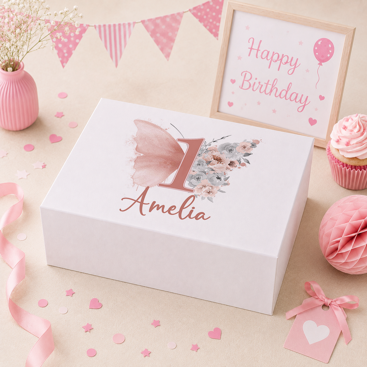 Personalised blush pink butterfly 1st birthday keepsake box with magnetic lid, name printed on lid