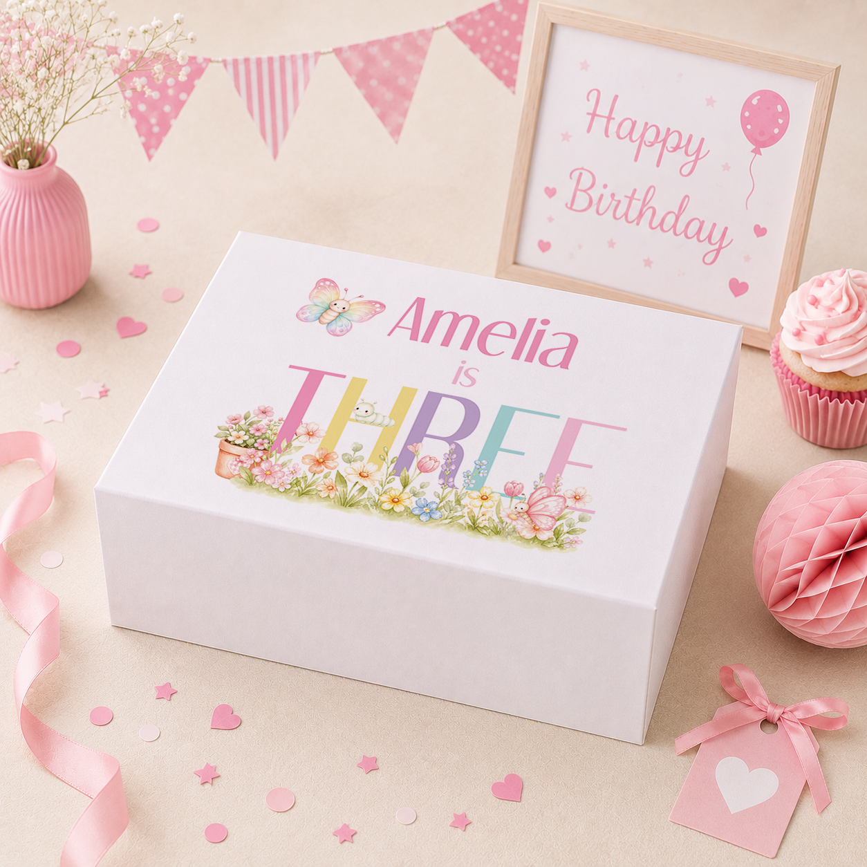 Personalised pastel rainbow butterfly 3rd birthday keepsake box with magnetic lid, name printed on lid