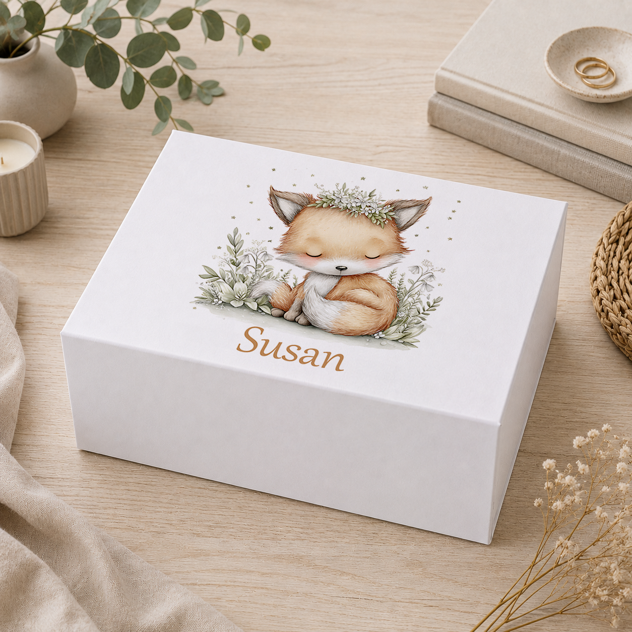 Personalised sage green baby fox keepsake box with magnetic lid, name printed on lid