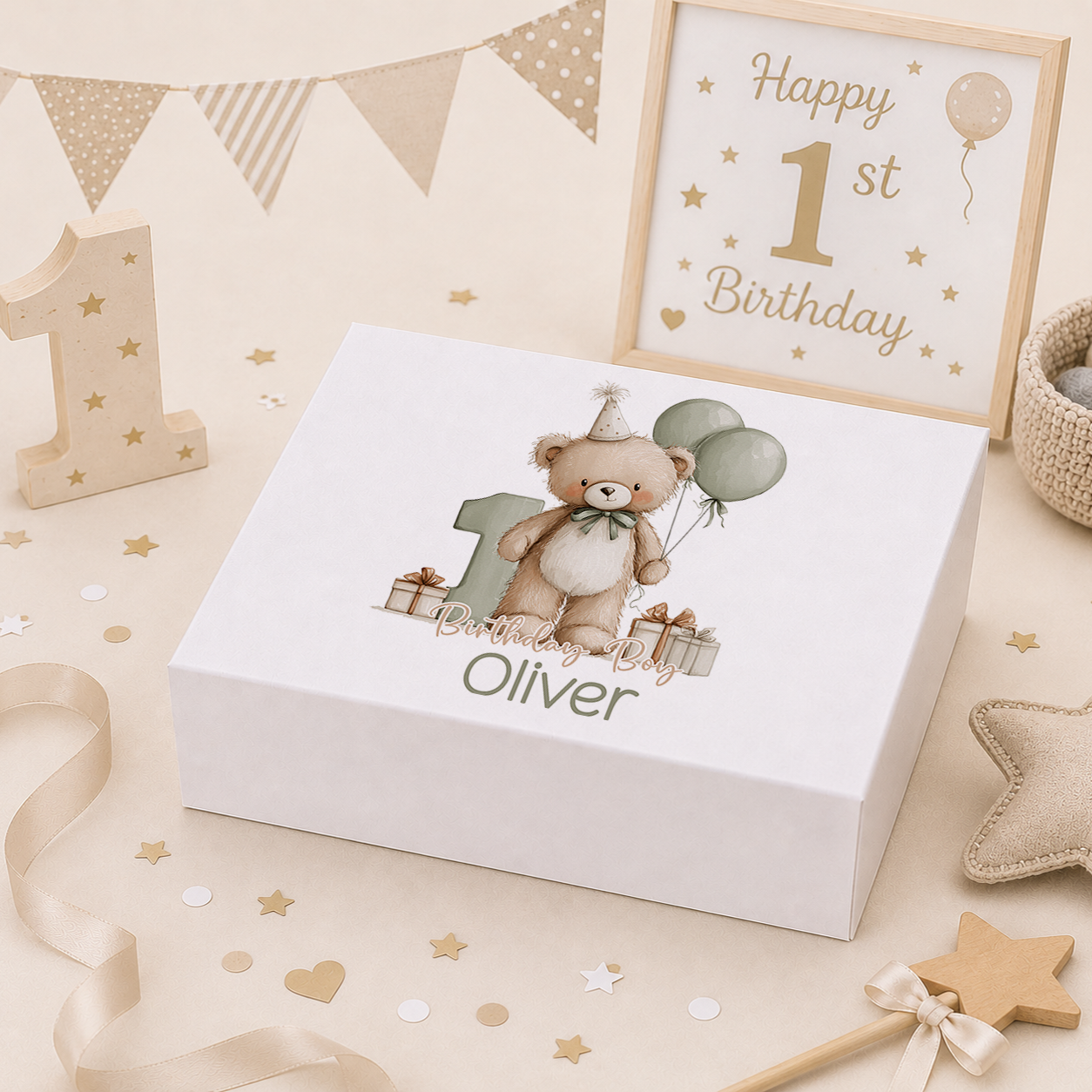 Personalised sage green teddy bear 1st birthday keepsake box with magnetic lid, name printed on lid
