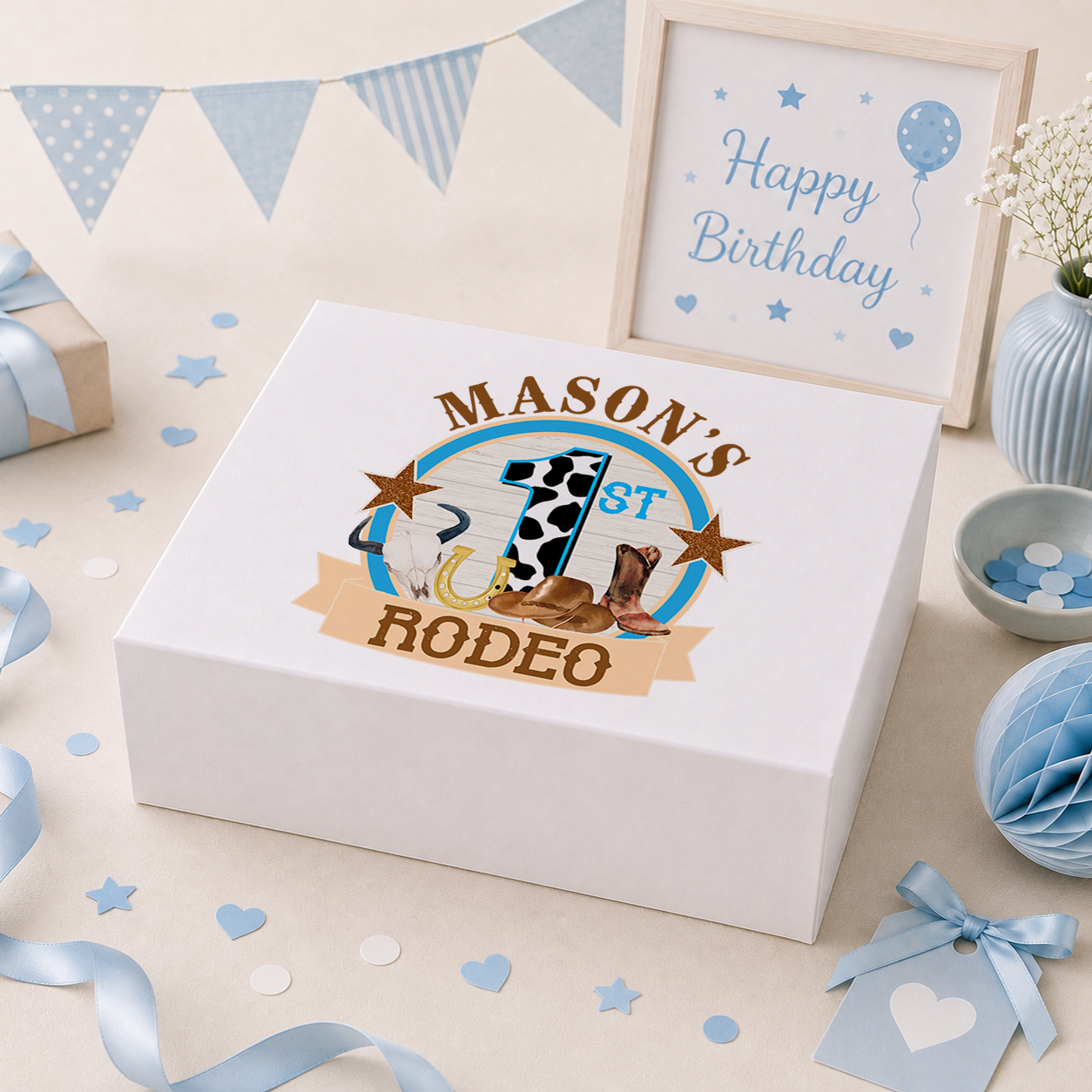 Personalised My First Rodeo 1st birthday keepsake box with magnetic lid, name printed on lid