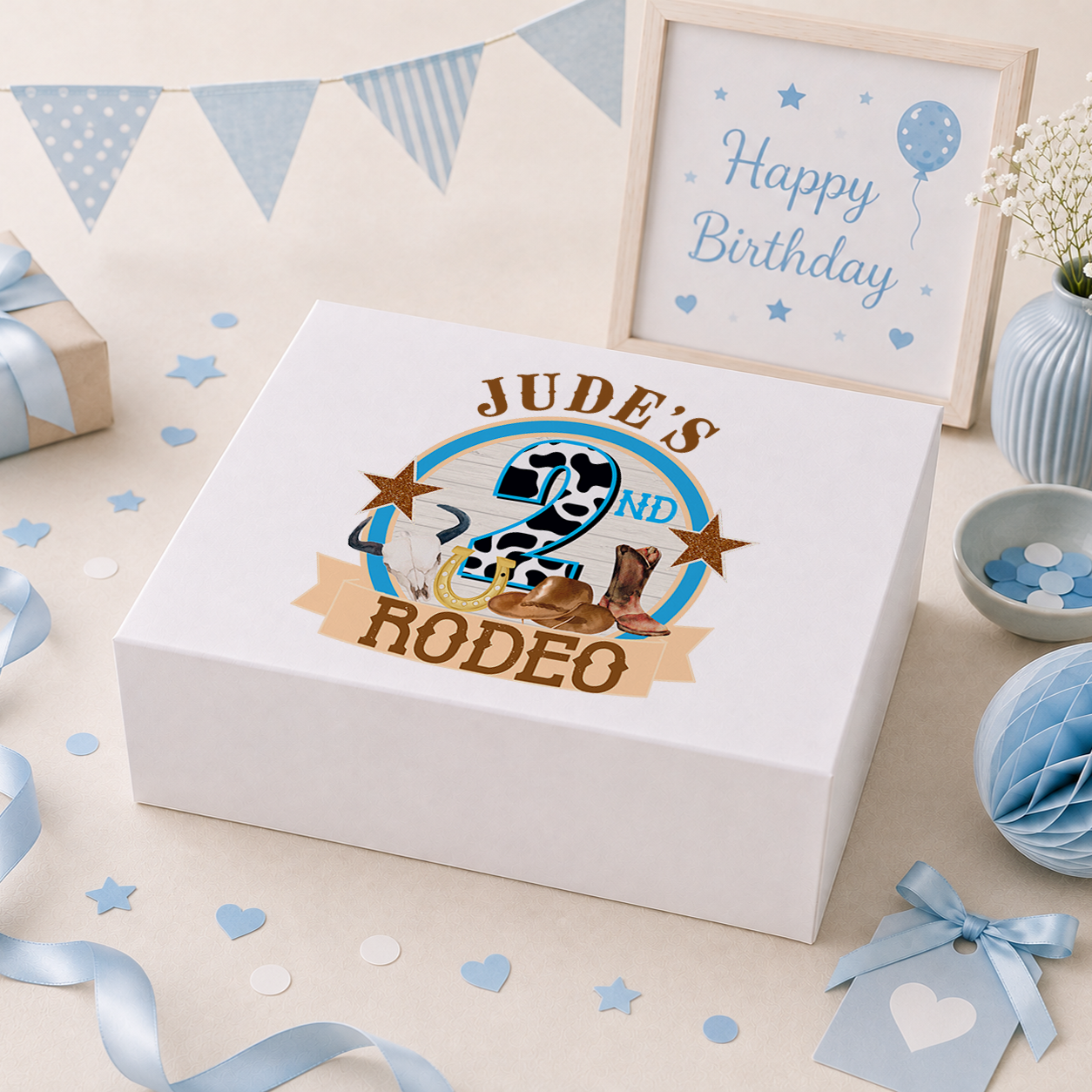 Personalised My Second Rodeo 2nd birthday keepsake box with magnetic lid, name printed on lid