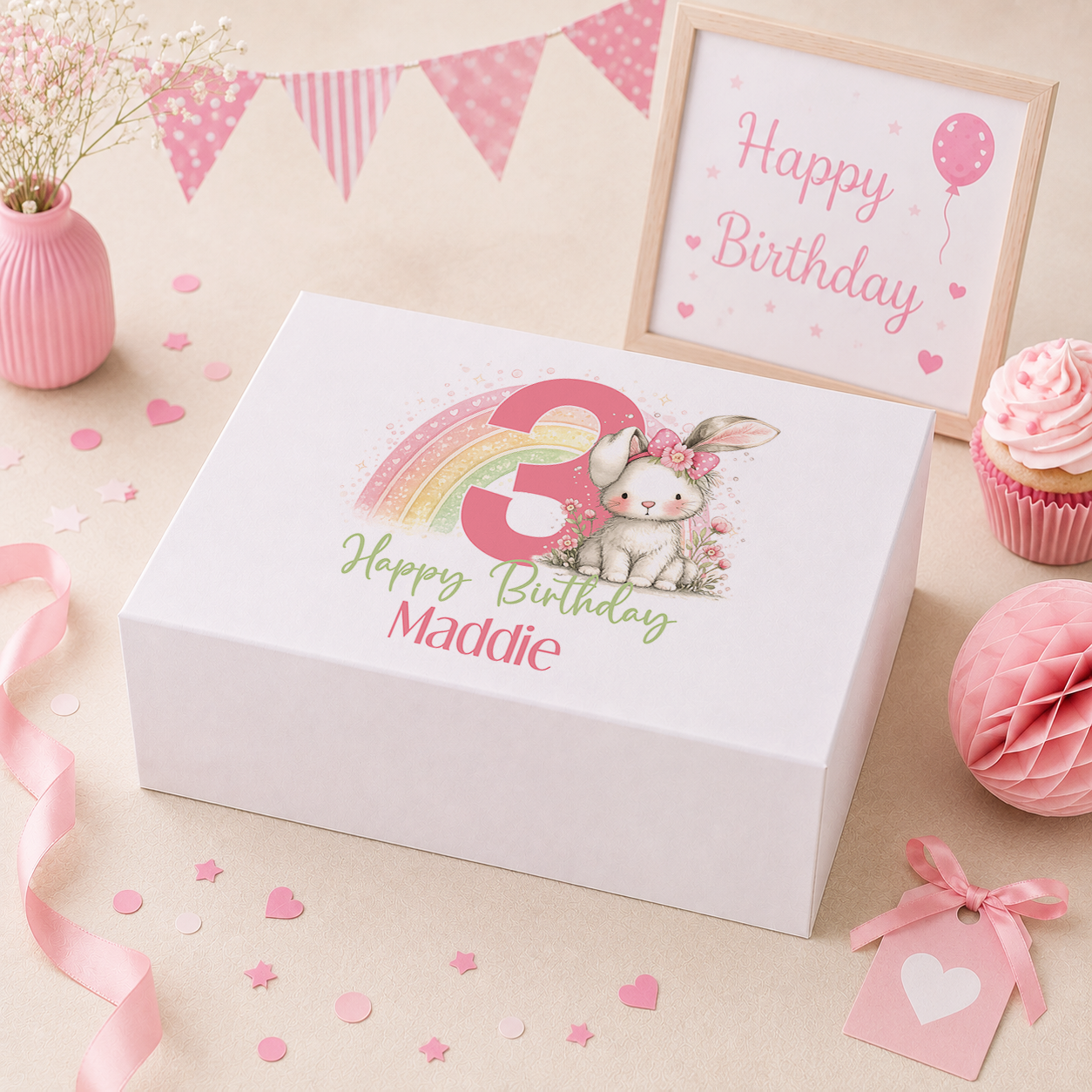 Personalised pink bunny rainbow birthday keepsake box with magnetic lid, name and age printed on lid