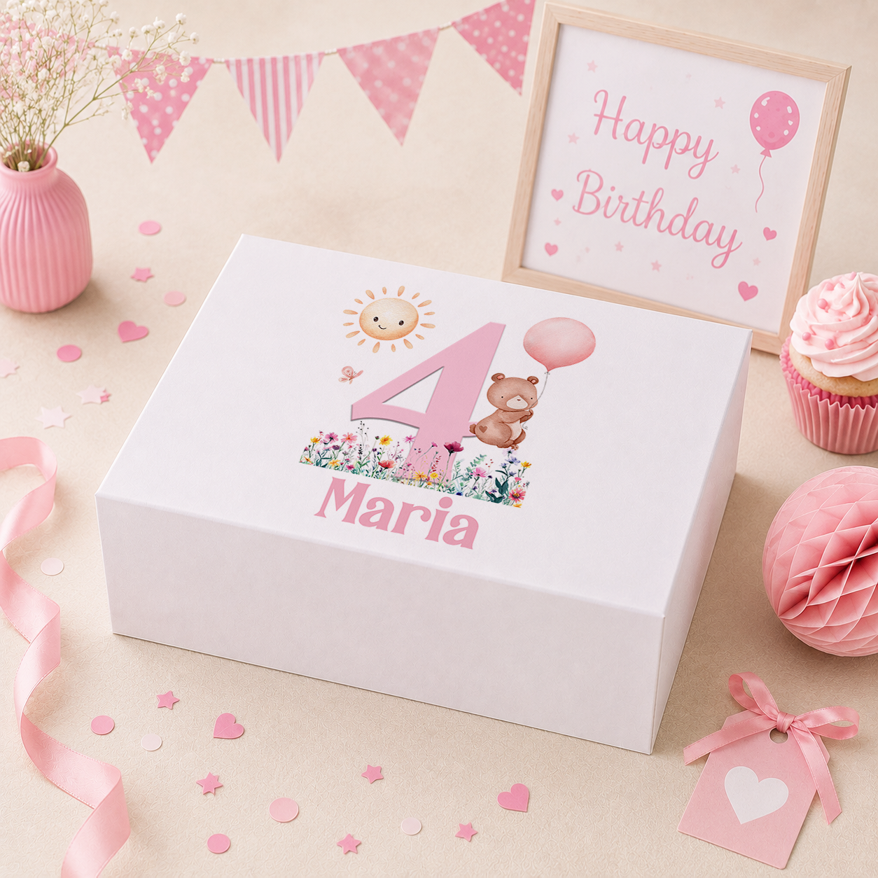 Personalised pink teddy bear and balloon birthday keepsake box with magnetic lid, name and age printed on lid