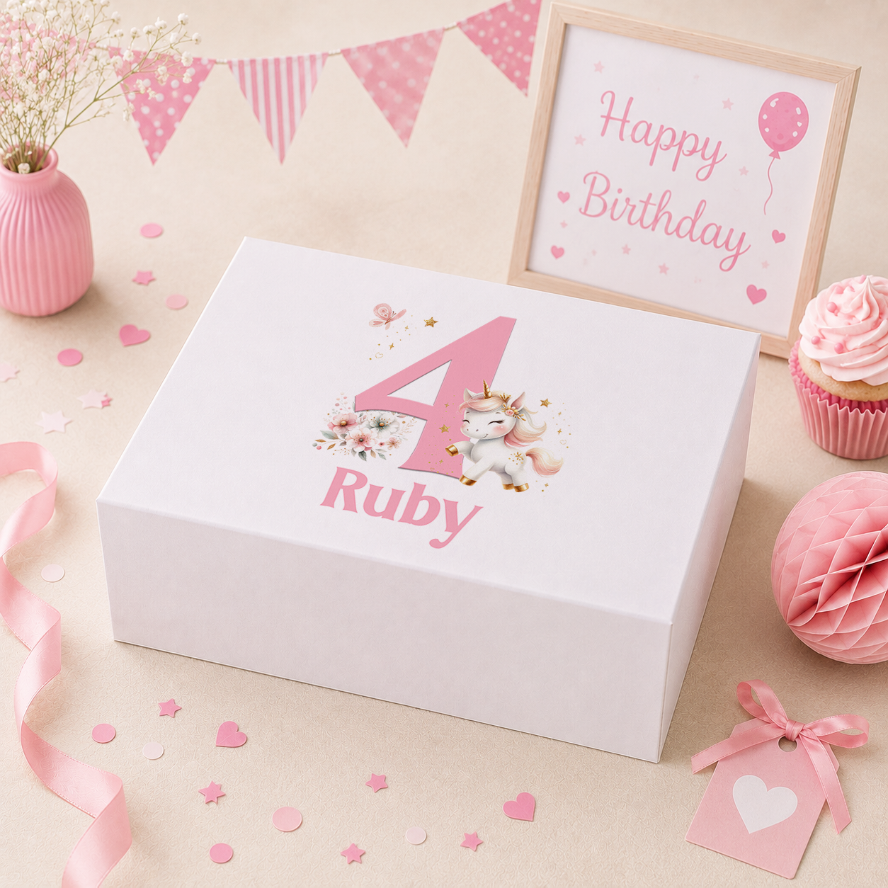 Personalised pink unicorn birthday keepsake box with magnetic lid, name and age printed on lid