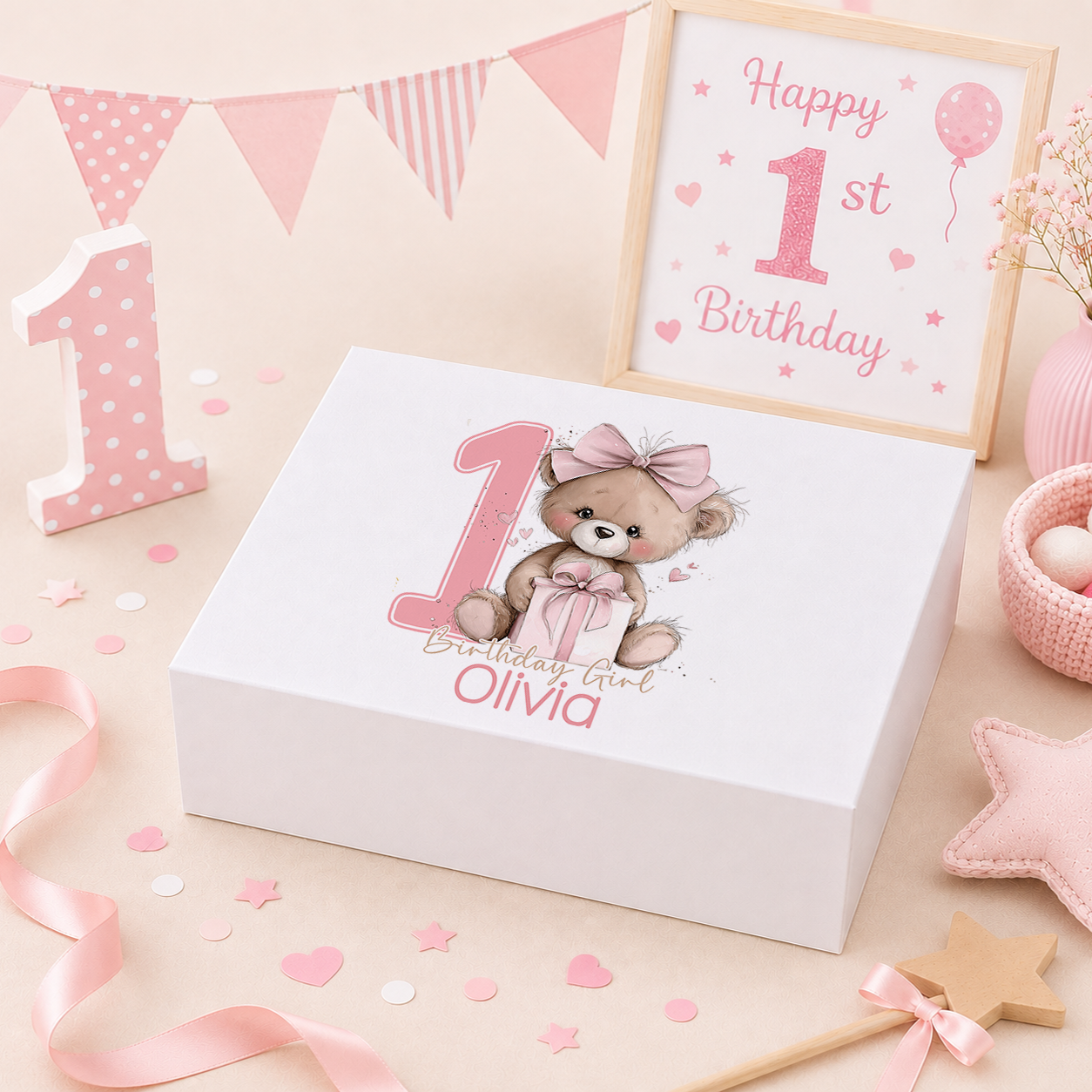 Personalised pink teddy bear and gift 1st birthday keepsake box with magnetic lid, name printed on lid