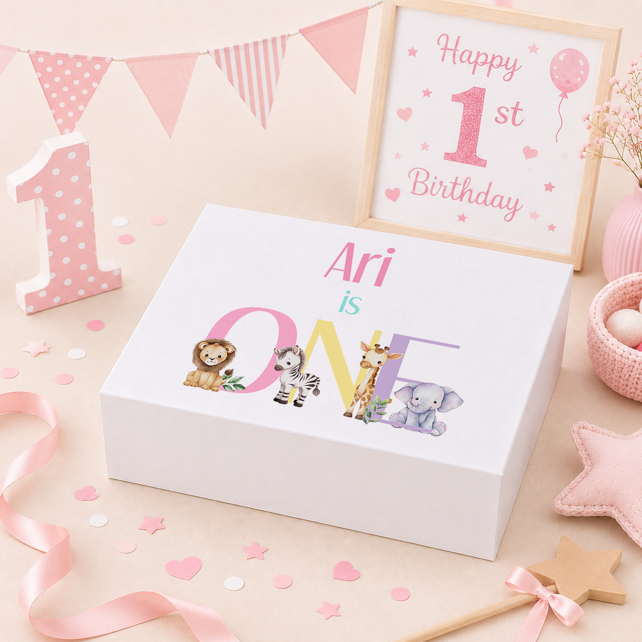 Personalised pastel safari animals 1st birthday keepsake box with magnetic lid, name printed on lid