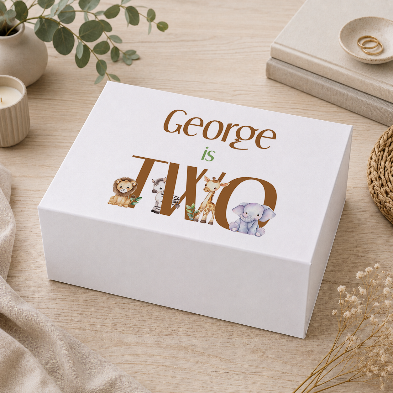 Personalised neutral safari animals 2nd birthday keepsake box with magnetic lid, name printed on lid