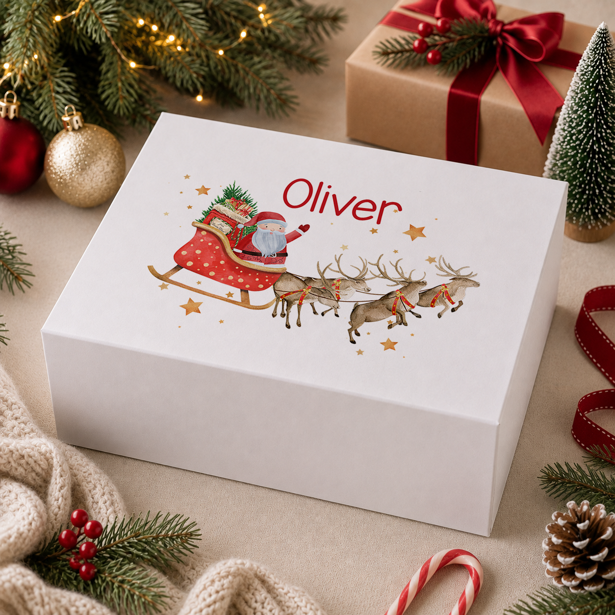 Personalised Santa sleigh Christmas Eve keepsake box with magnetic lid, name printed on lid