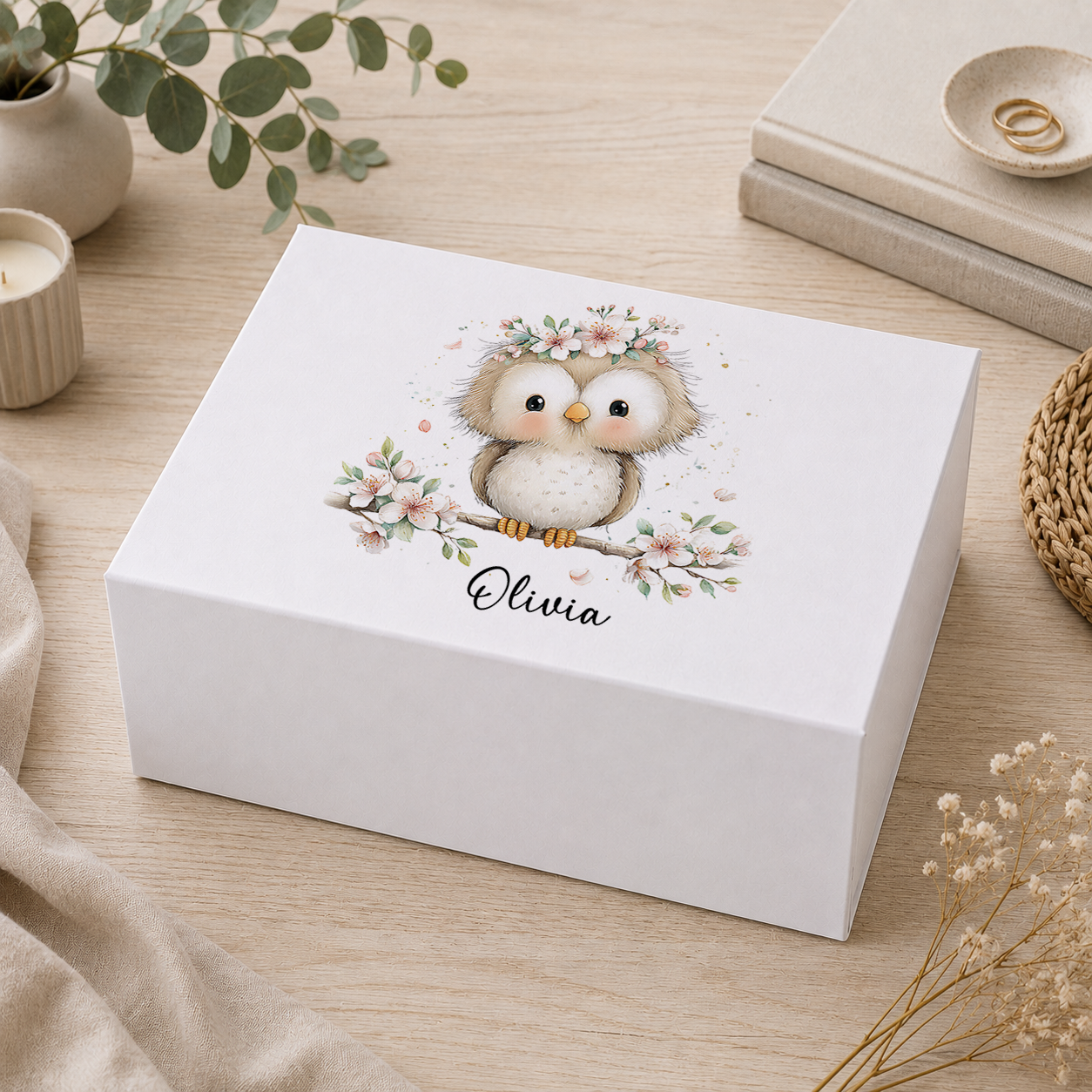 Personalised baby owl keepsake box with magnetic lid, name printed on lid