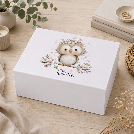 Personalised baby owl keepsake box with a wide-eyed baby owl wearing a blossom flower crown, perched on a flowering branch, with the child's name in script beneath