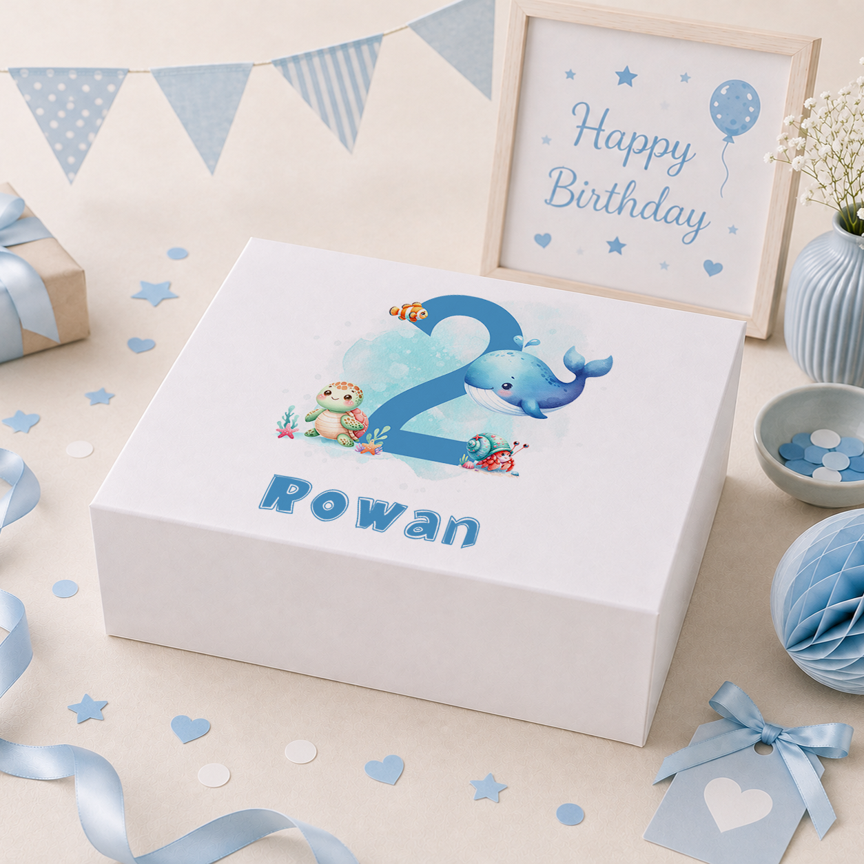 Personalised blue under the sea birthday keepsake box with magnetic lid, name and age printed on lid