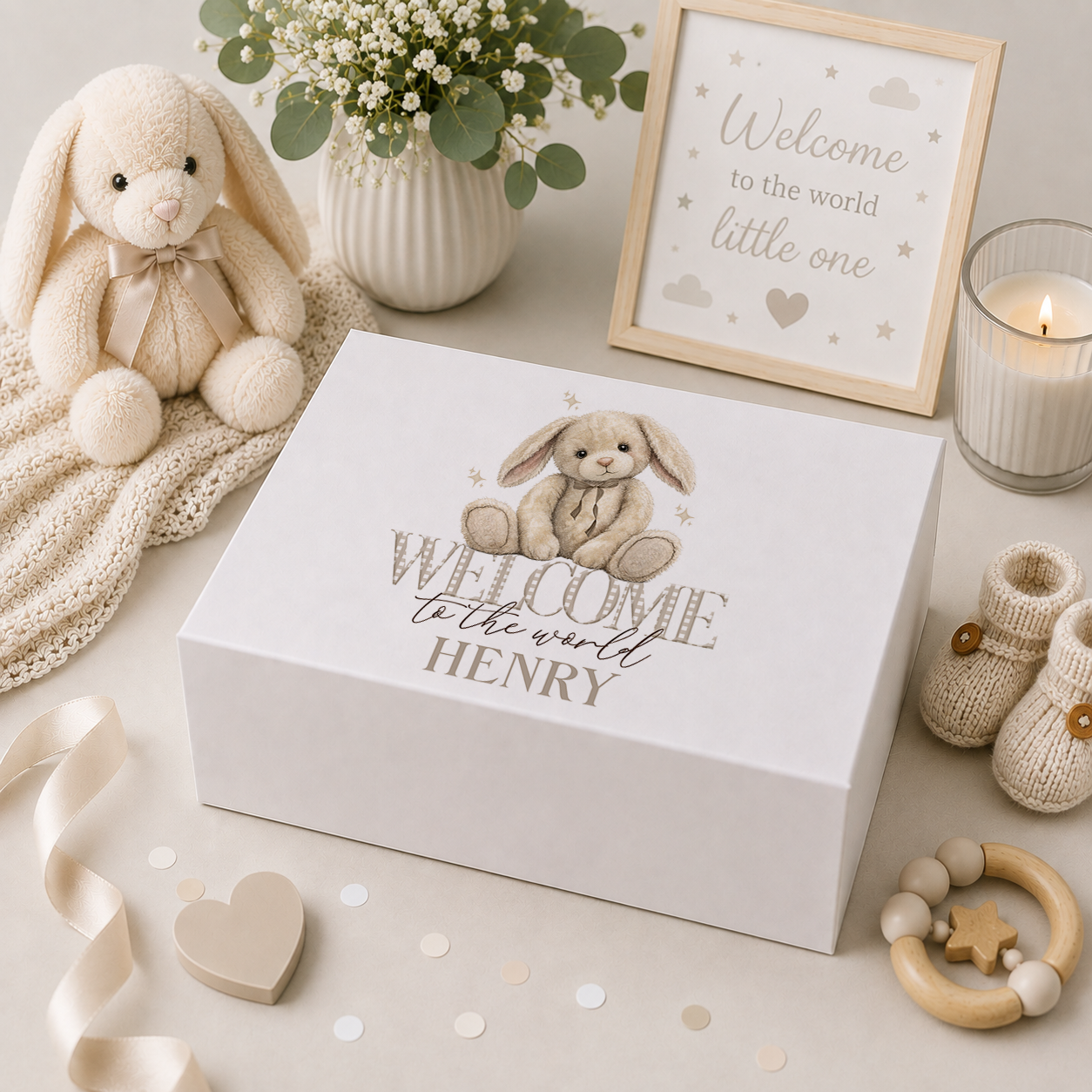 Personalised Welcome to the World bunny new baby keepsake box with magnetic lid, name printed on lid