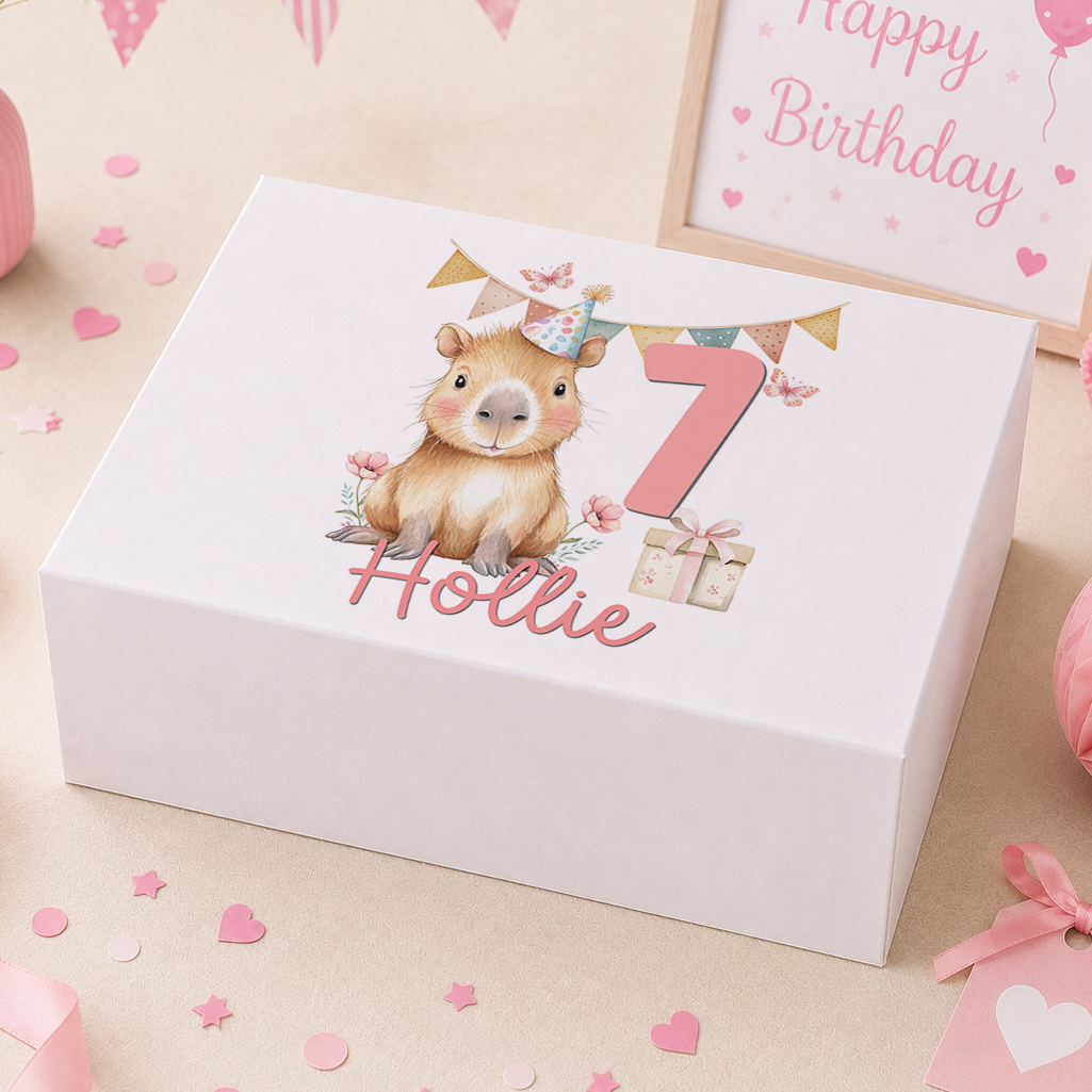 Personalised pastel pink capybara birthday keepsake box with magnetic lid, printed with child's name and age