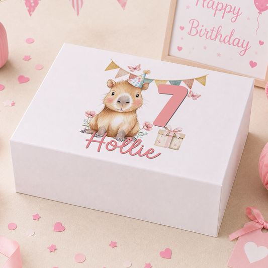 Personalised pastel pink capybara birthday keepsake box with magnetic lid, printed with child's name and age