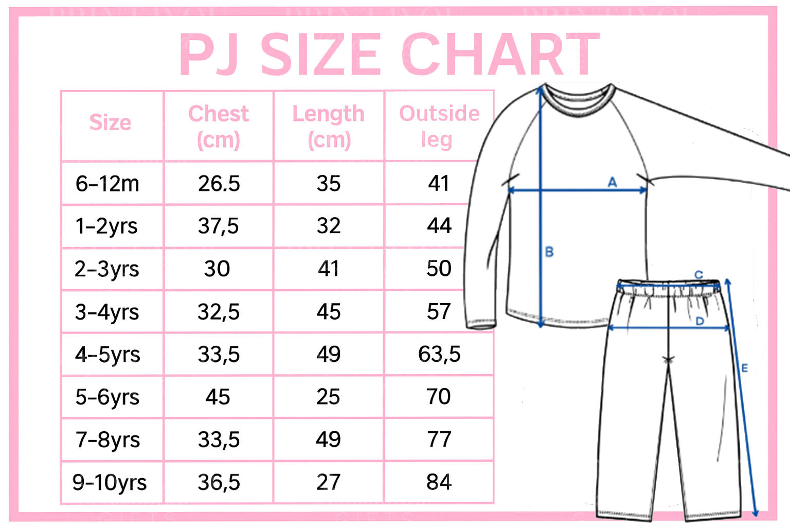 Size guide chart for personalised children's Christmas pyjamas, sizes 6-12 months to 5-6 years